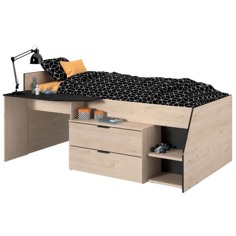 Cama Juvenil con Escritorio Valky Roble y Negro 90x200/190 cm Cama Juvenil con Escritorio Valky Roble y Negro 90x200/190 cm