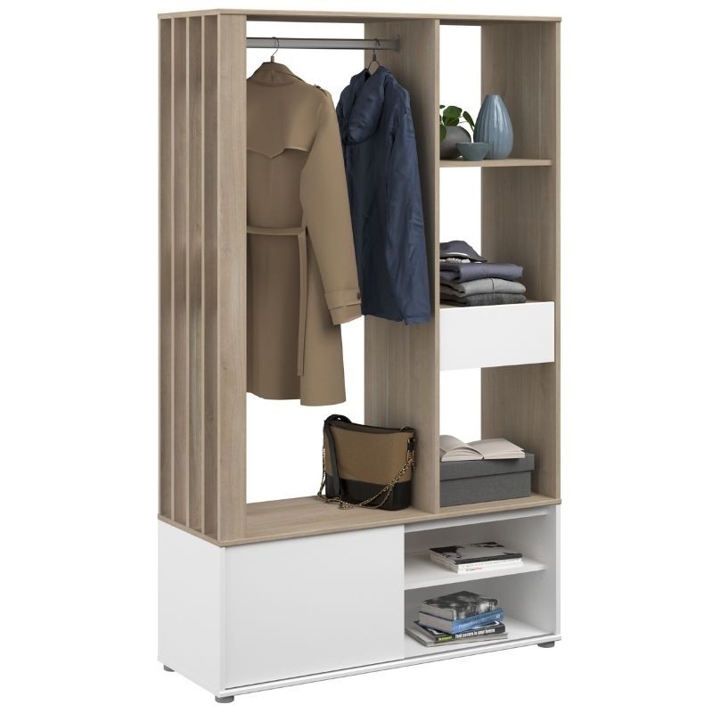 Mueble de Entrada Recibidor Woody Color Roble Y Blanco Moderno 110 cm