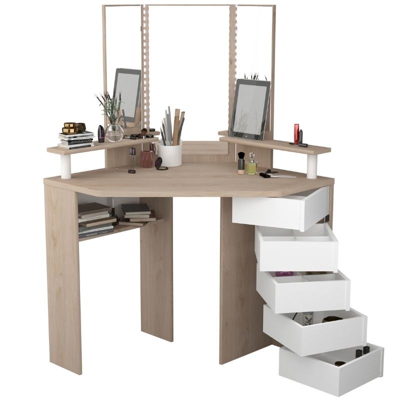 Tocador de Dormitorio California con Espejo y LED Roble y Blanco 142x114x61 cm