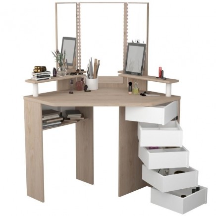 Tocador de Dormitorio California con Espejo y LED Roble y Blanco 142x114x61 cm