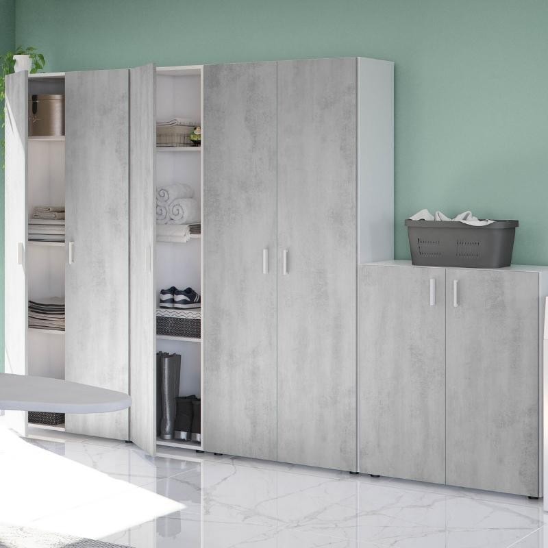 Pack de 4 Armarios Multiusos de Cocina Despensa en Cemento Y Blanco