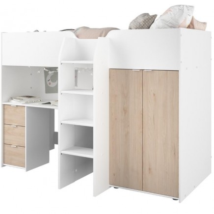 Cama Alta con Escritorio y Armario Funny Roble Jackson Y Blanco 203x146x95 cm