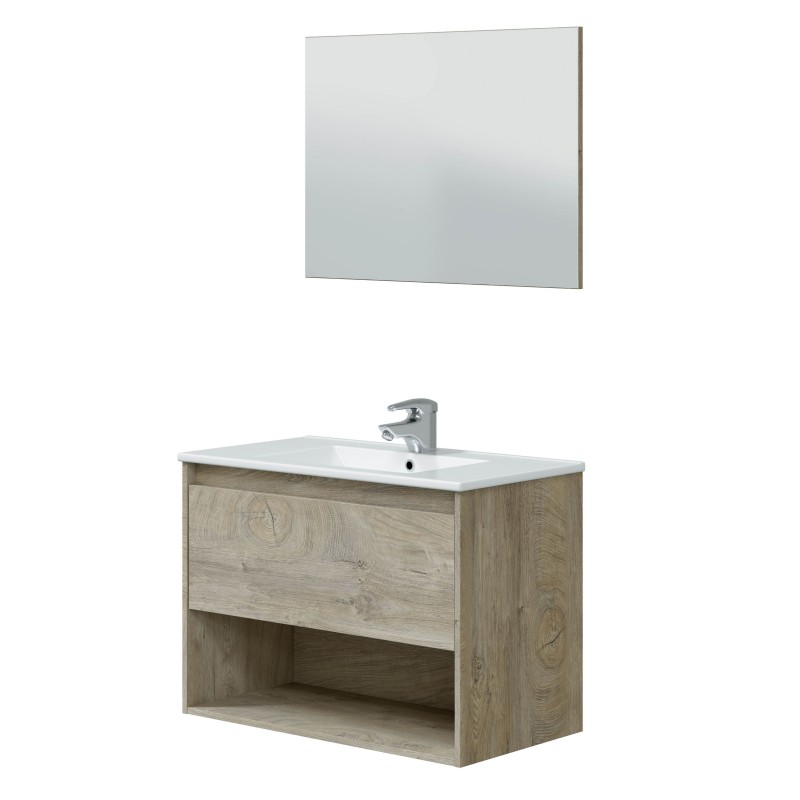 Mueble de Baño Suspendido con Espejo 80 cm en Roble Alaska (Lavamanos Opcional)