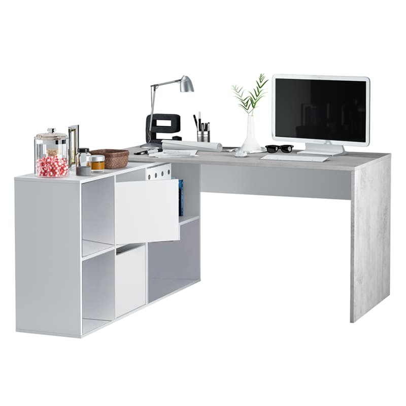 Escritorio Adapta Plus con buc blanco y cemento 136 cm
