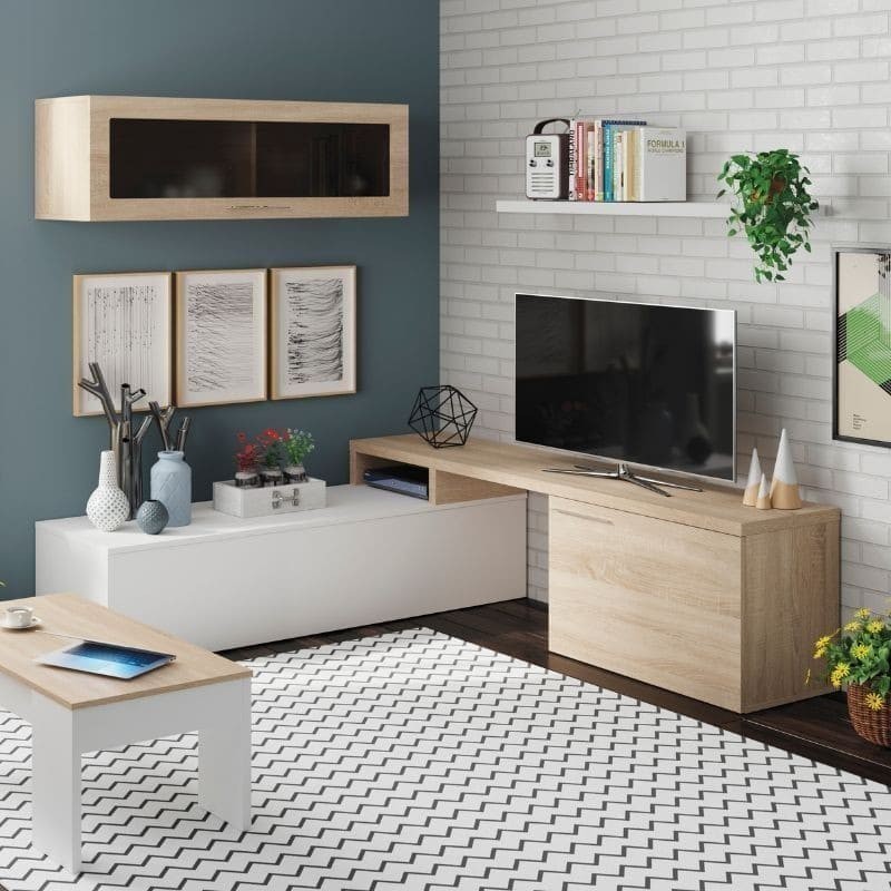 Mueble rinconero para salón Nexus en color Roble Canadian y Blanco Brillo 200 cm