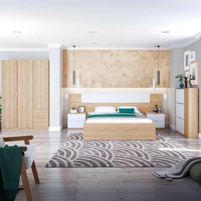 Dormitorio Matrimonio Estilo Nórdico Completo Blanco y Roble Canadian Cama 150
