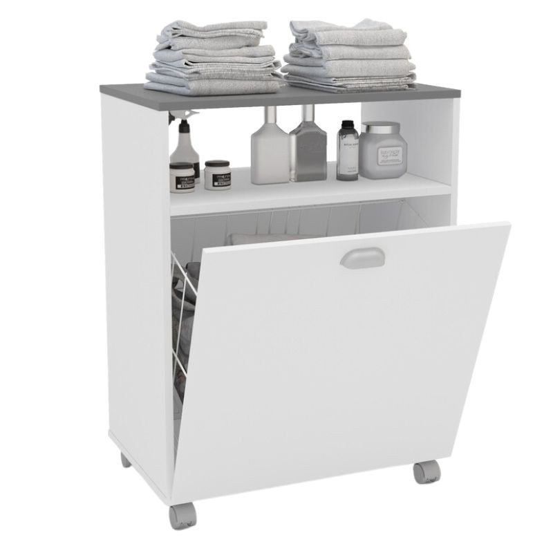 Mueble Auxiliar Lavandería Con Ruedas Color Blanco Con Tapa Gris