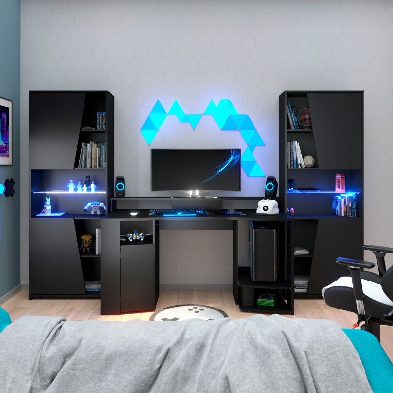 Pack Gaming LED Color Negro Mesa Y Estanterías_Portada