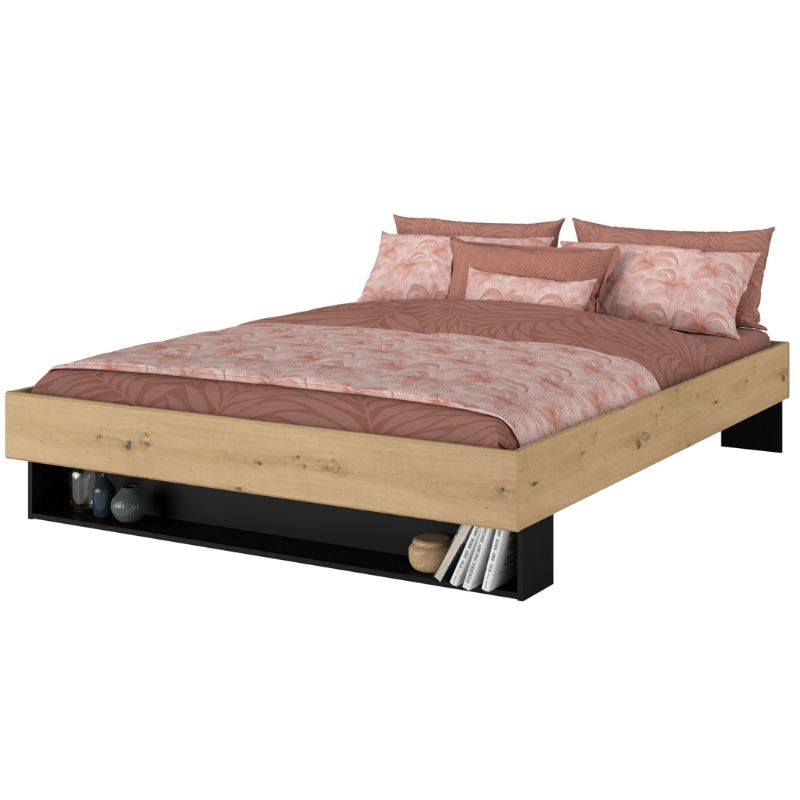 Cama De Matrimonio Lampe Color Roble Artesanal Y Negro Stipple