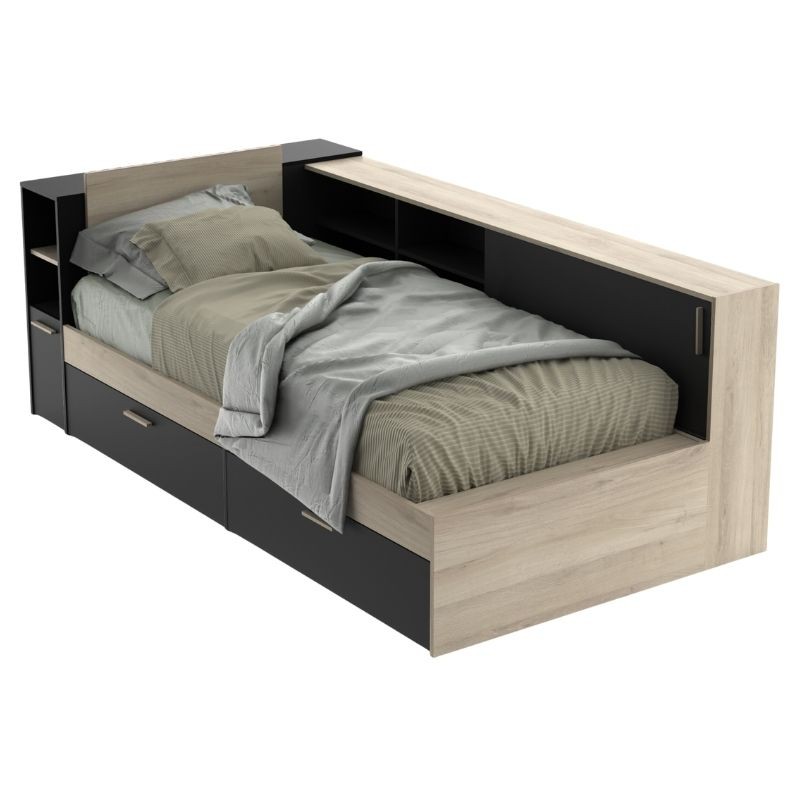 Cama Life Con Almacenaje Dormitorio Juvenil Negro Y Roble Kronberg_PORTADA