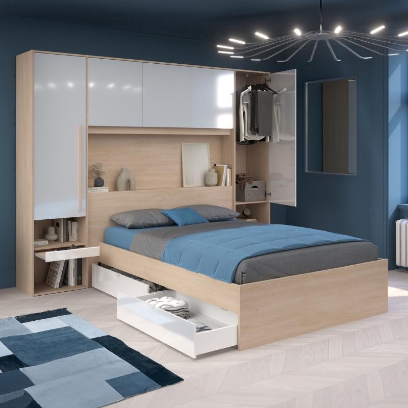 Dormitorio Estilo Nórdico John Color Roble Brooklyn y blanco Shiny_cama de 135-140x190 cm Dormitorio Estilo Nórdico John Color Roble Brooklyn y blanco Shiny_cama de 135-140x190 cm
