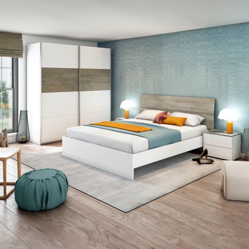 Muebles Dormitorio Matrimonio Ethna Estilo Nórdico Color Blanco y Roble Alaska 160 cm