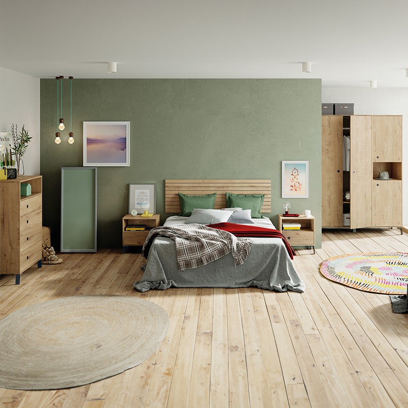 Portada Dormitorio Camila Estilo Industrial Color Roble Gold y Negro Mate