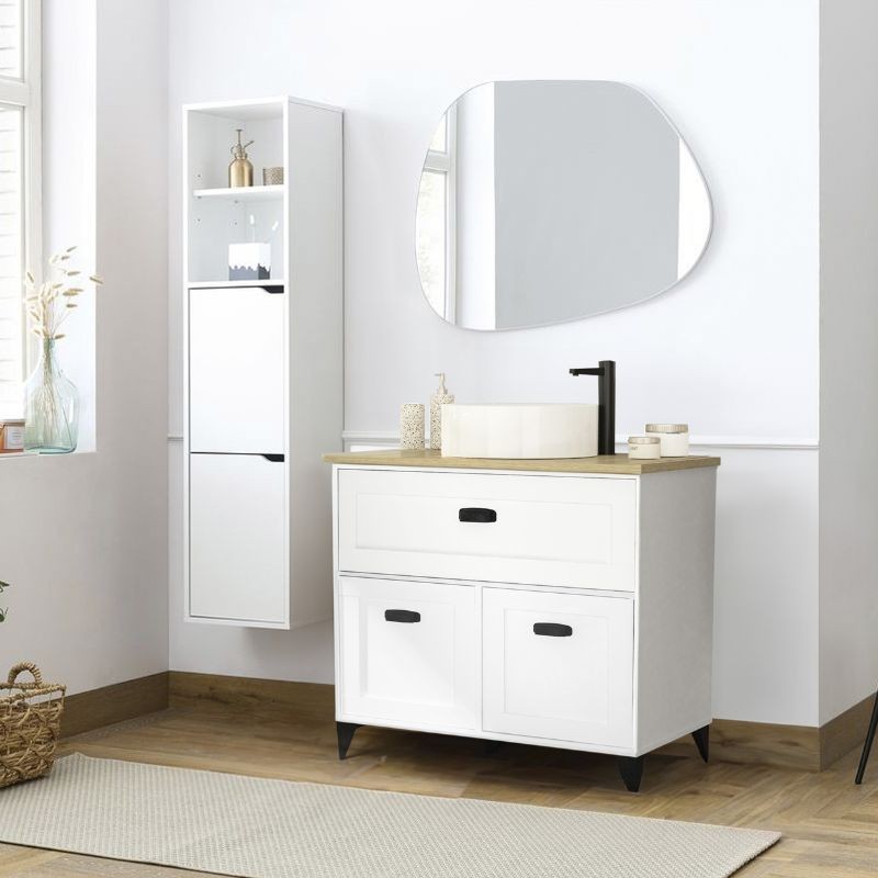 Mueble De Baño Pack Color Blanco y Roble Con Columna (Incluye Lavabo)