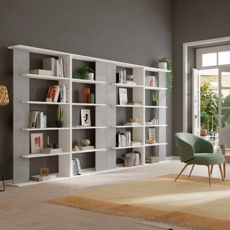 Pack 4 estanterías de salón moderno en color cemento Ambiente PORTADA