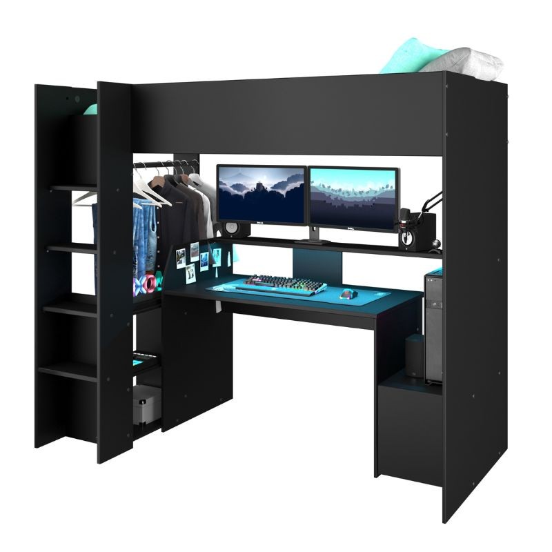 Cama Alta TexGen Con Escritorio y LED Negro 204x180x94 CM _Portada