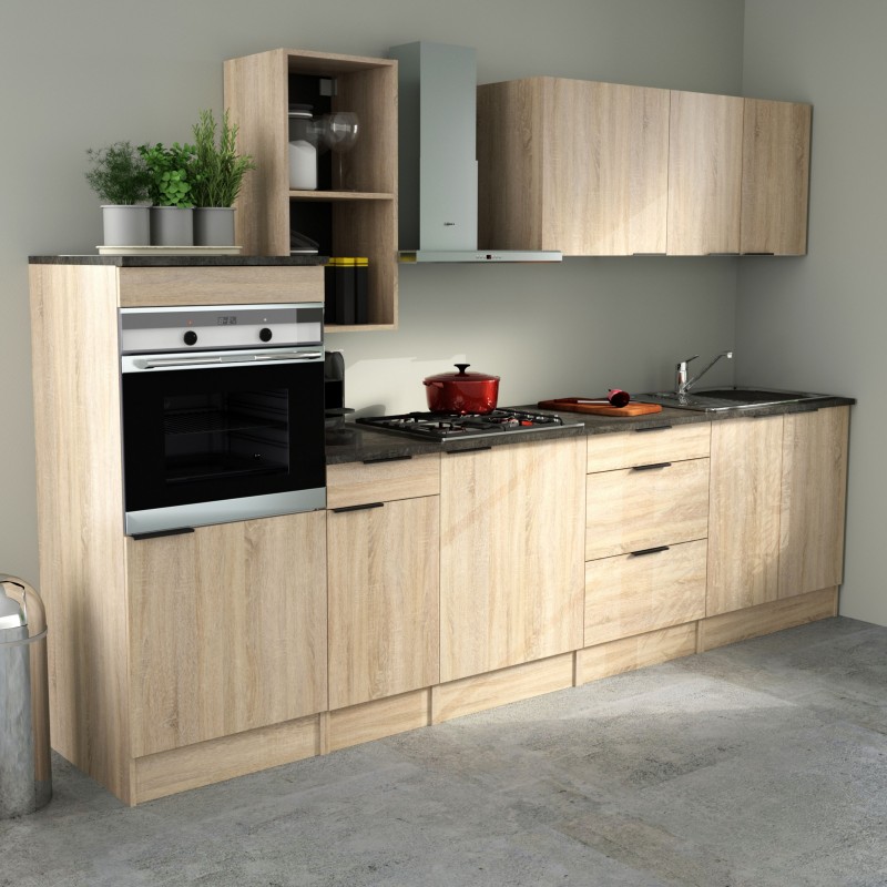 Cocina Modular Arko Completa 8 Módulos Roble Áspero y Negro 300 cm