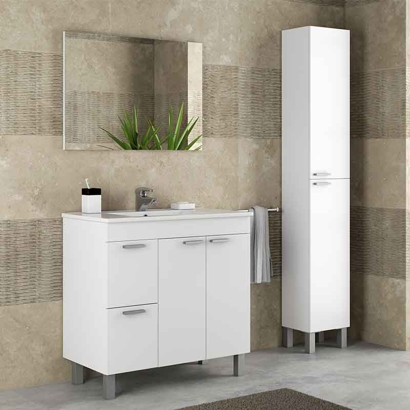 Mueble de baño con lavamanos + Columna Blanco Brillo Mueble de baño con lavamanos + Columna Blanco Brillo