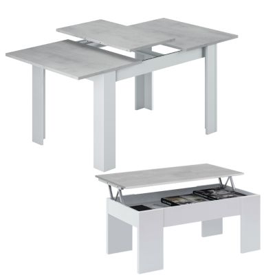 pack tres muebles salón diseño cemento mesa elevable con compartimento de almacenamiento oculto bajo la tapa mesa mesita y mueble tv fabricados en melamina de calidad